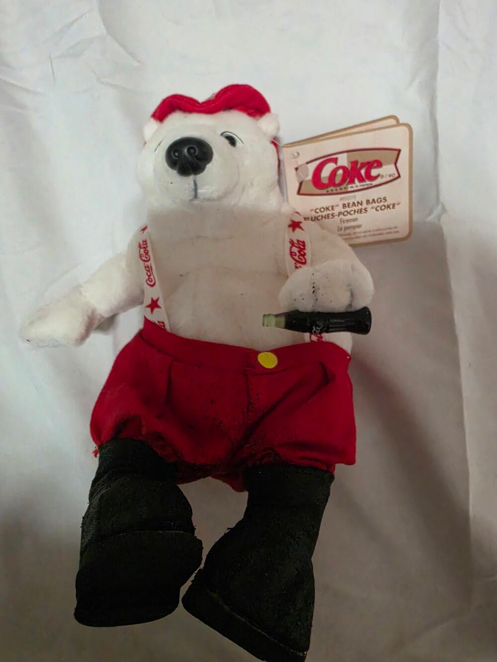 Vintage Coca-Cola Fireman Polar Bear Bean Bag Plush 1990s Coke Collectible